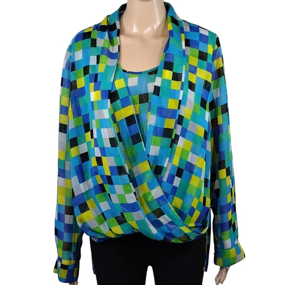 Vince Camuto Blouse Women’s Medium Green Blue Yellow Geometric Faux Wrap Top